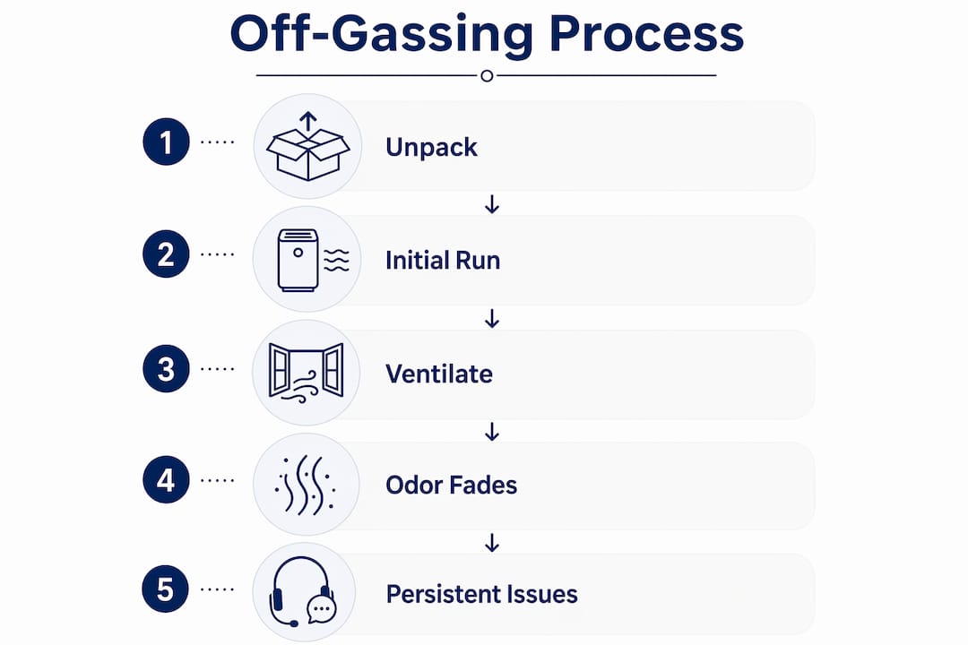Infographic illustrating off-gassing stages and management tips