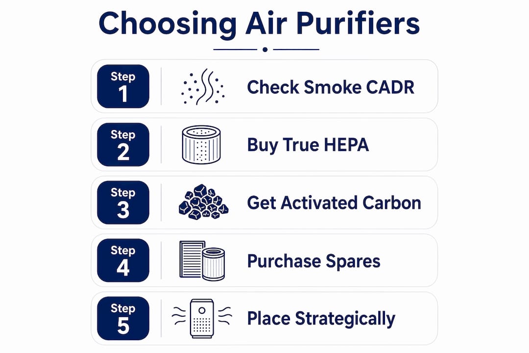 Infographic outlining steps to choose and use air purifiers