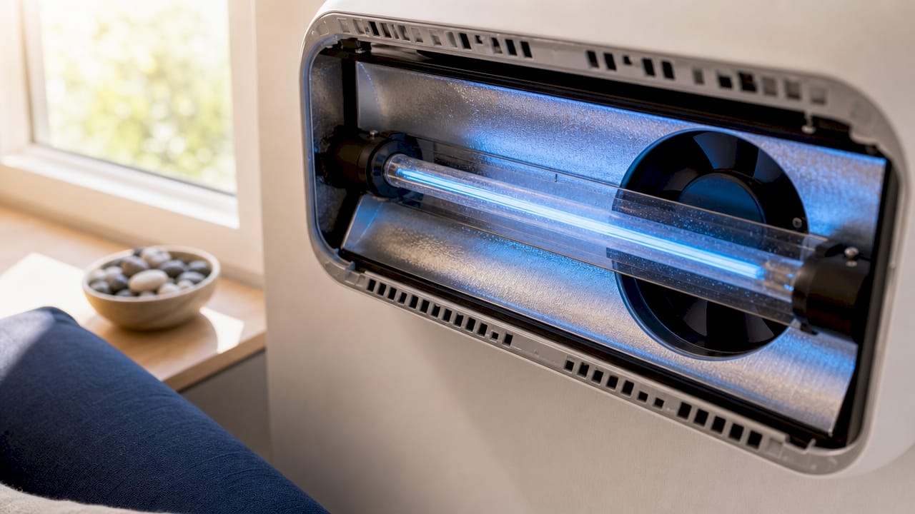 Close-up inside UV-C air purifier lamp chamber