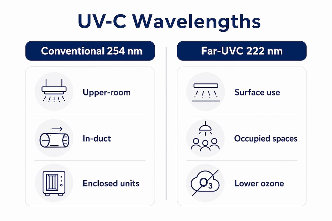 Infographic comparing UV-C wavelengths and safety features