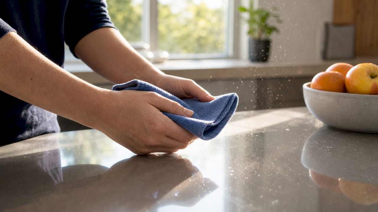 Hands using microfiber cloth near computer and vacuum