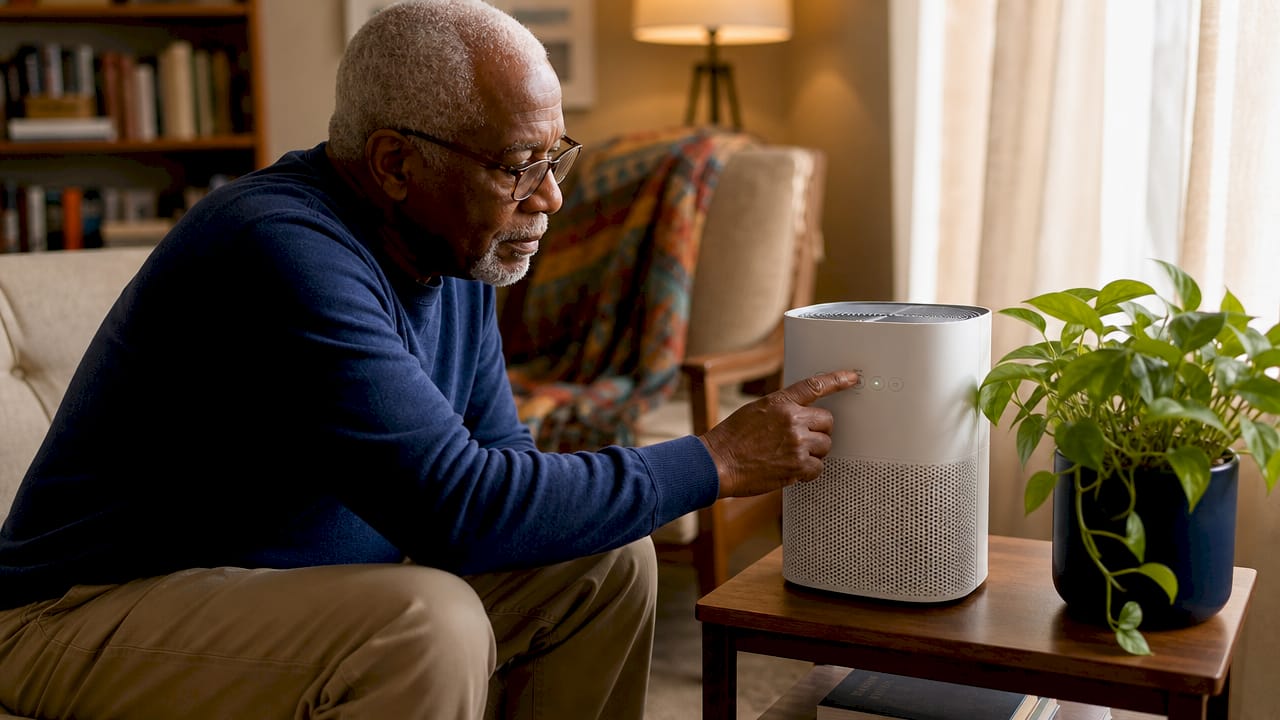 Hands setting air purifier to auto mode in kitchen