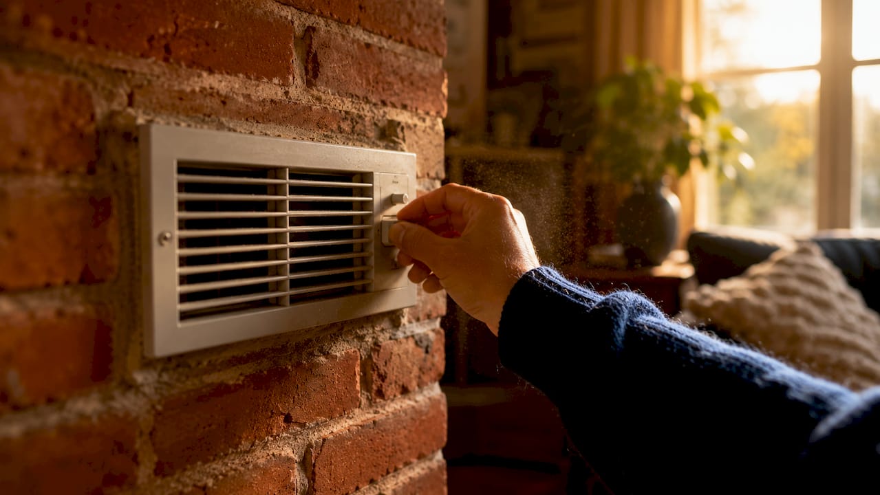 Close-up of dusty HVAC vent with hand adjusting