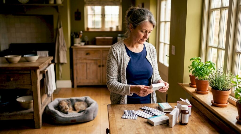 Woman managing pet allergy symptoms at home