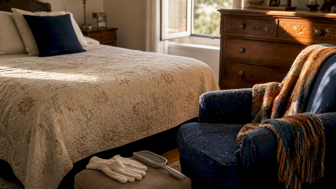 Close-up of pet allergens on household fabrics