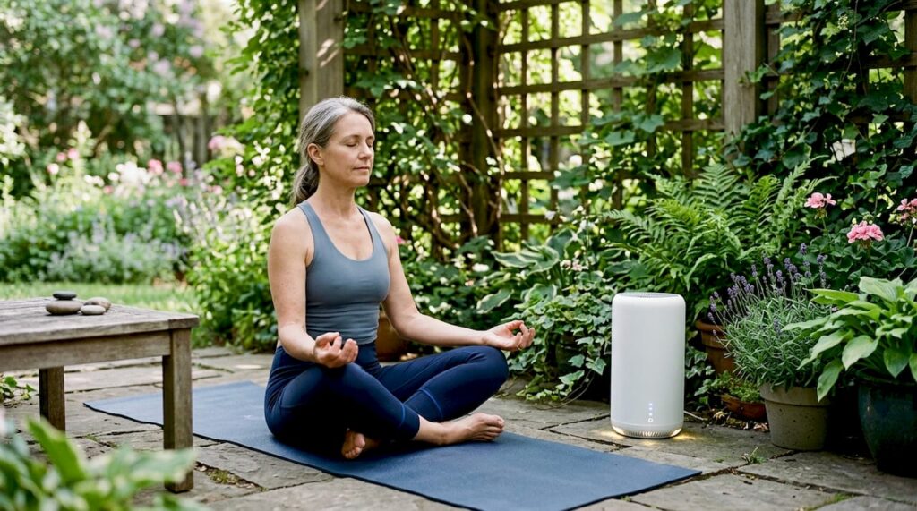 Woman meditating near air purifier in yoga space