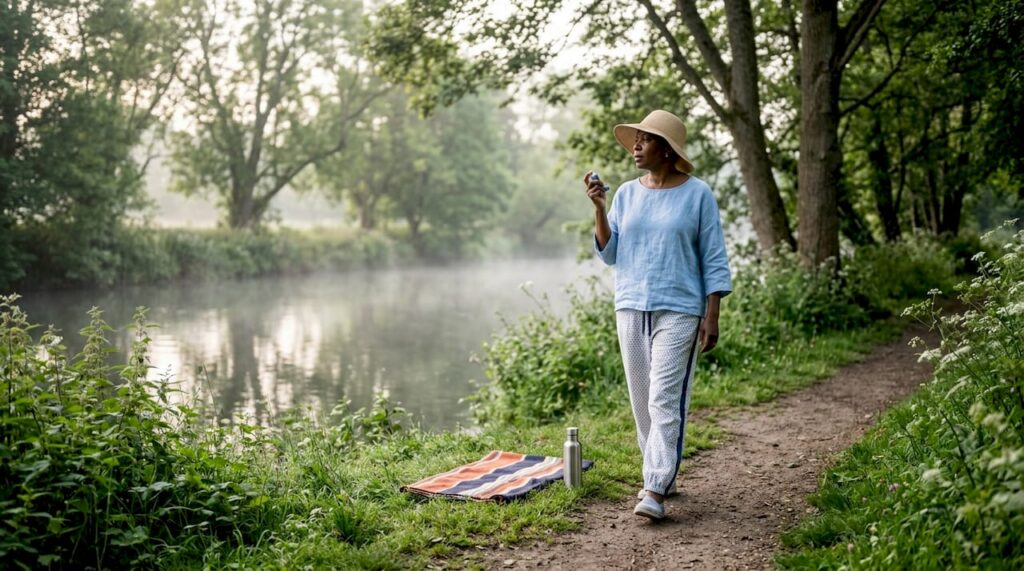 Woman managing asthma outdoors on hot summer day