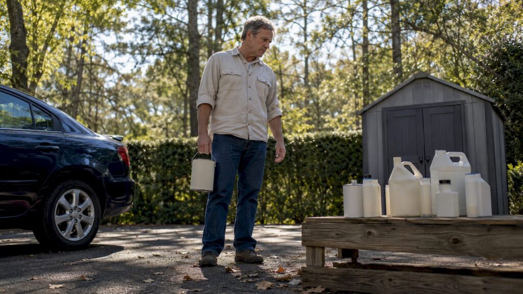 Homeowner inspecting garage chemical sources