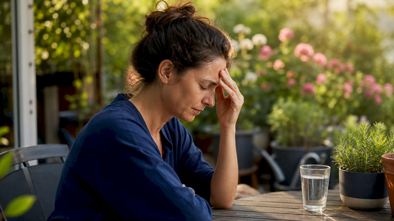 Woman experiencing headache near garage entrance
