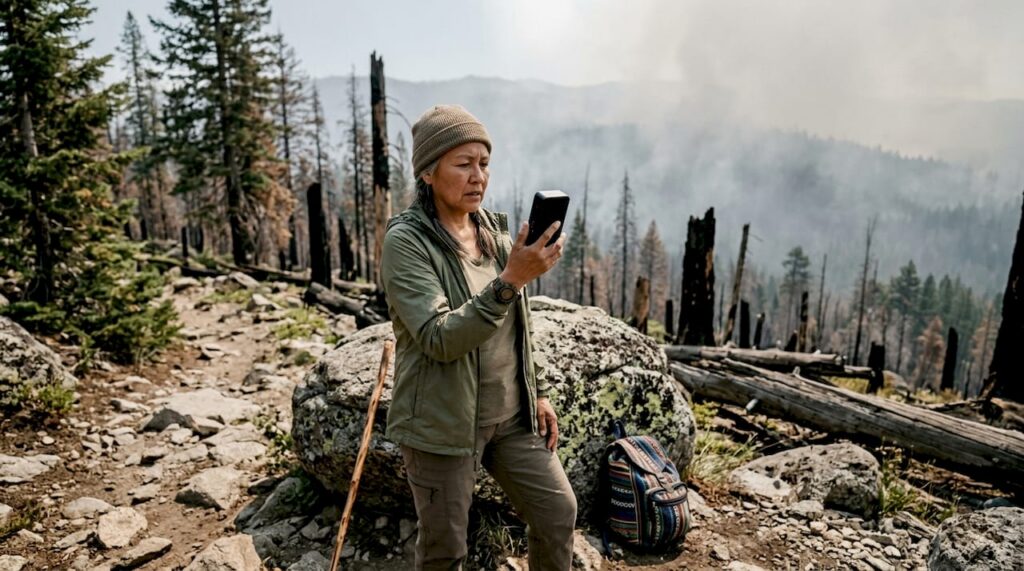 Woman outdoors checking air quality monitor amid wildfire smoke