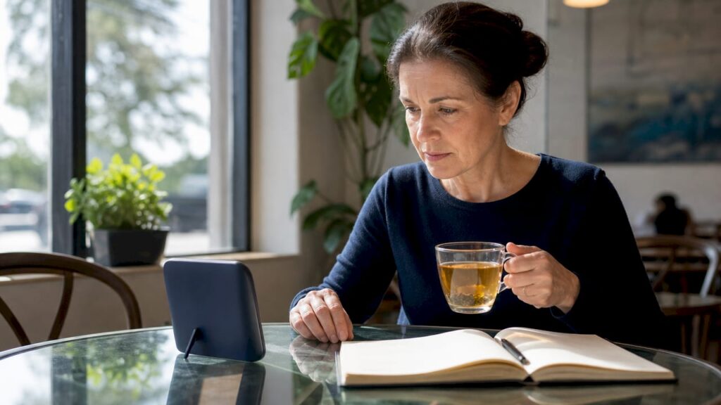 Woman checking indoor air quality monitor