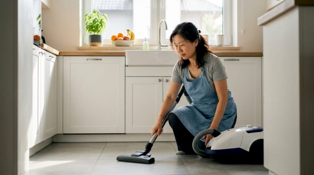 Woman vacuuming living room floor for allergies