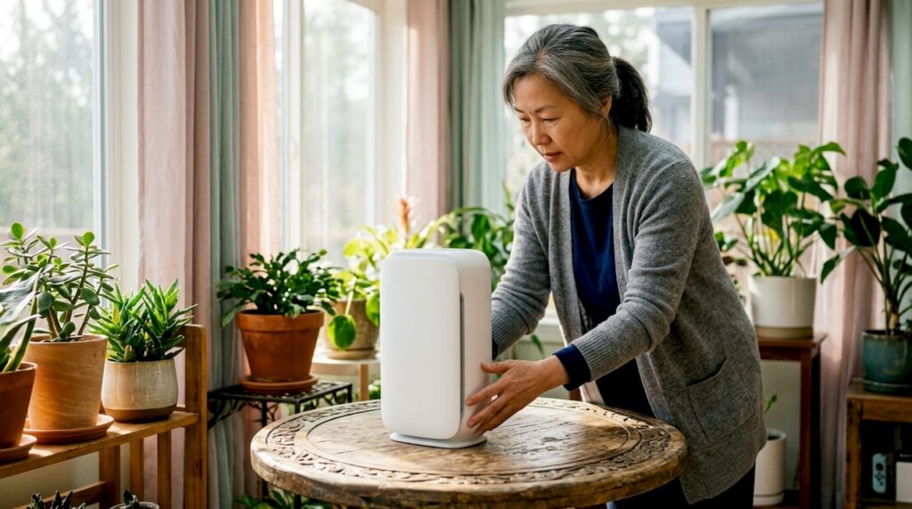 Woman placing eco-friendly air purifier in living room