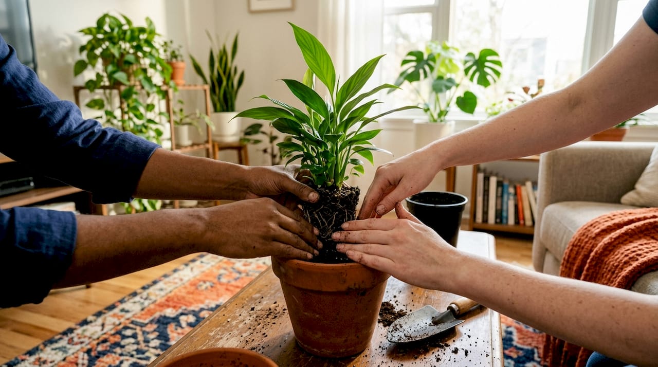 Hands potting peace lily for air purification