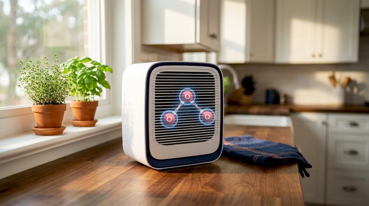Close-up ozone molecule model near air purifier vent