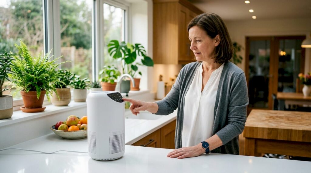Woman adjusting ozone air purifier in living room