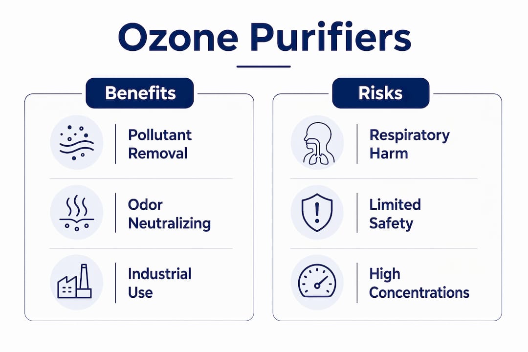 Comparison chart showing ozone purifier benefits and risks