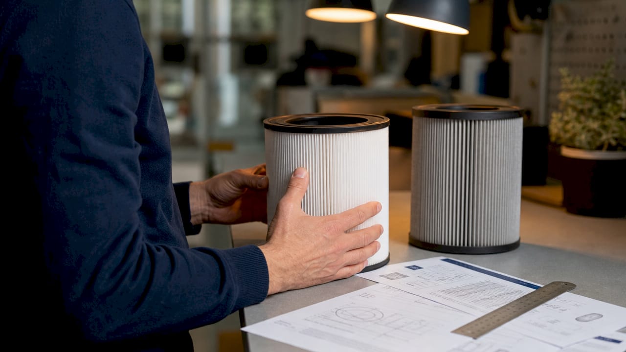 Hands comparing air purifier filters closely
