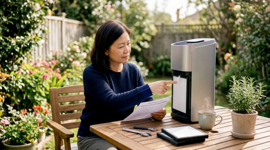 Woman reviewing air purifier maintenance at kitchen table