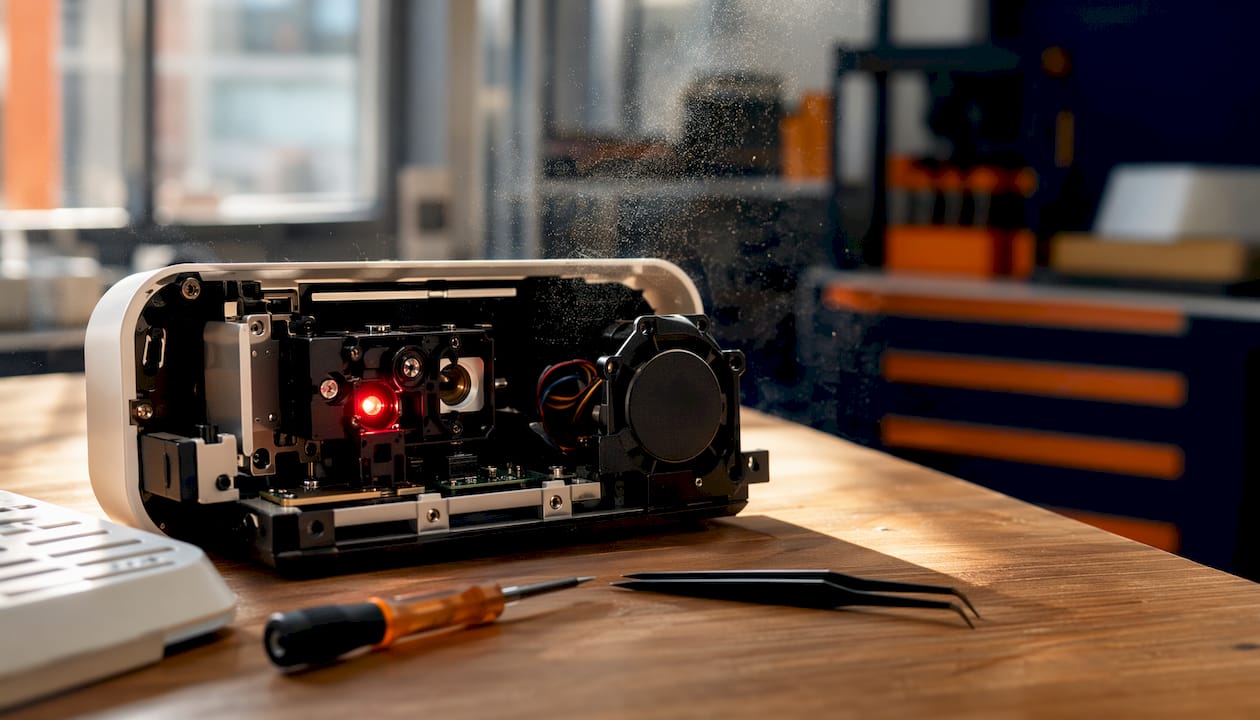Close-up laser particle sensor module indoors
