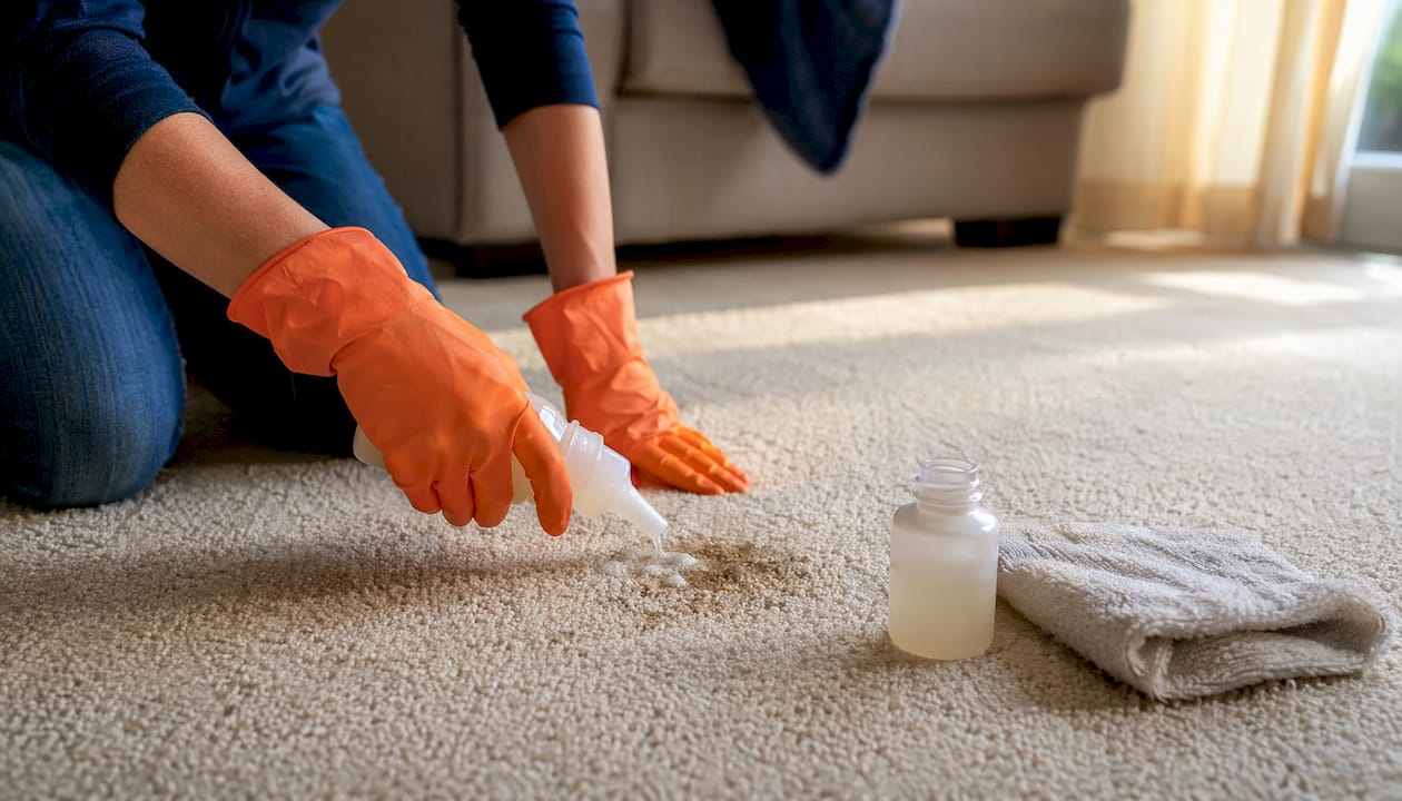 Hands applying enzyme cleaner to carpet stain