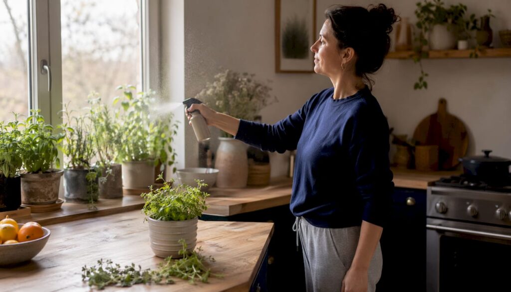 Woman spraying odor neutralizer in living room