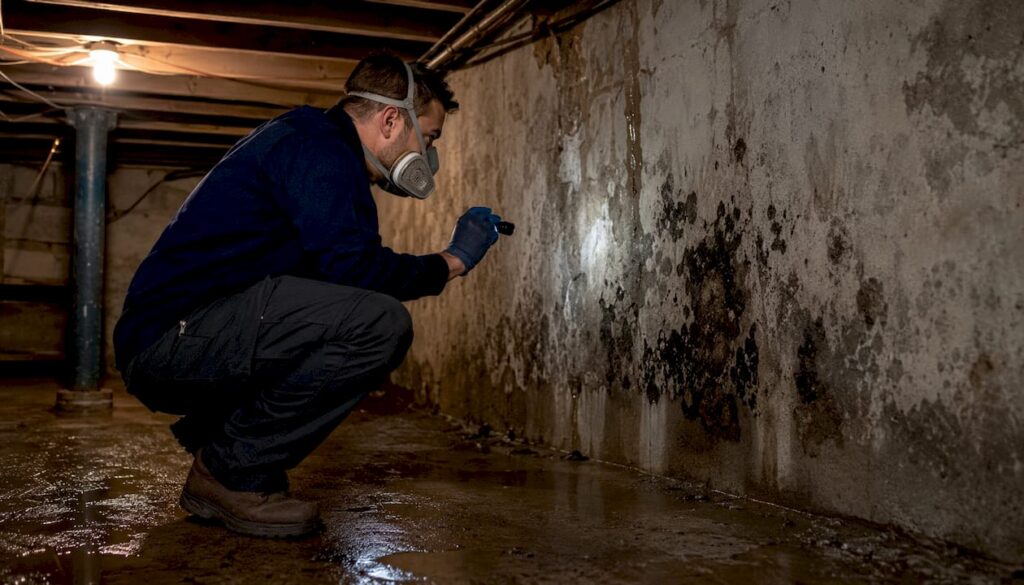 Inspector sampling airborne mold spores in basement
