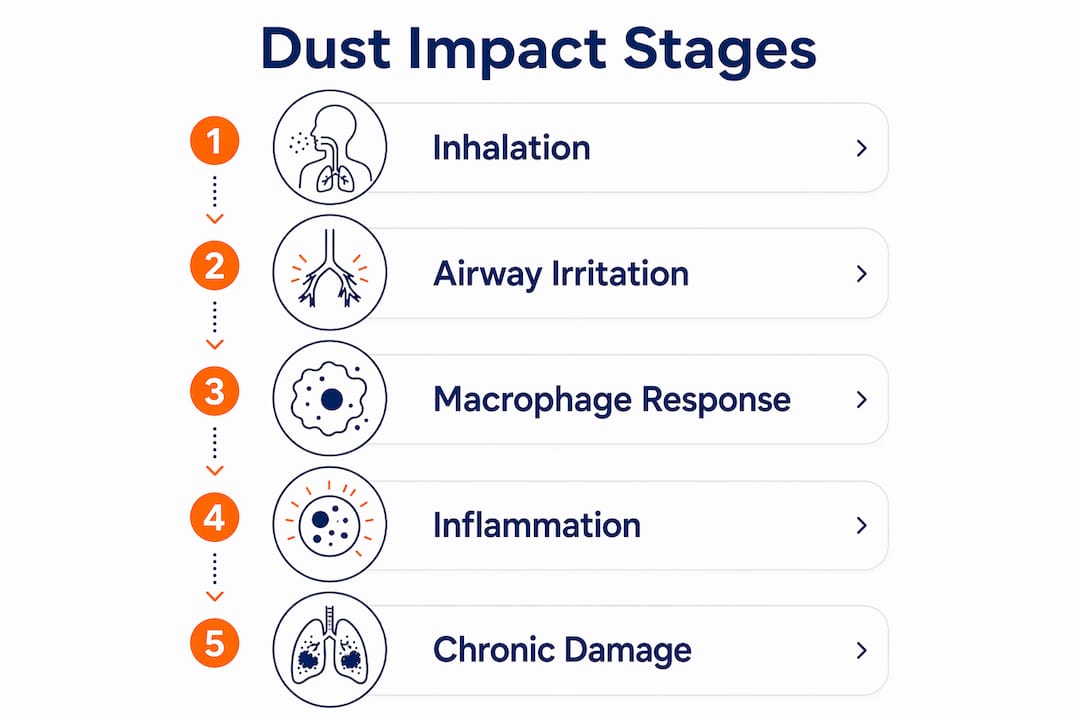 Infographic showing stages of dust impact on lungs