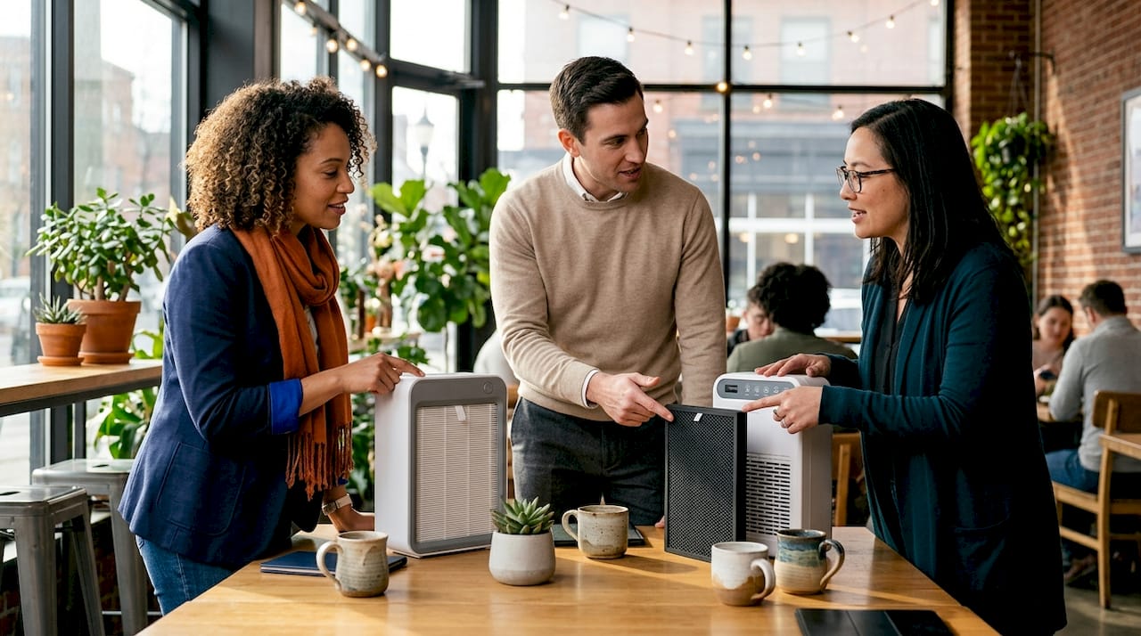 Group examining various air purifier technologies in lab