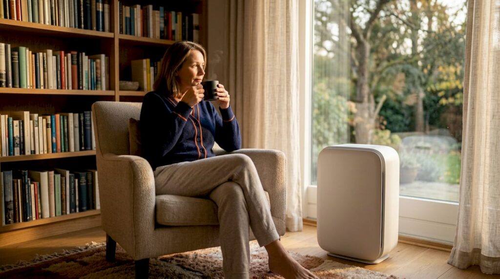 Woman relaxing next to running air purifier in home