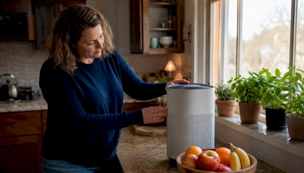 Woman adjusting air purifier in living room