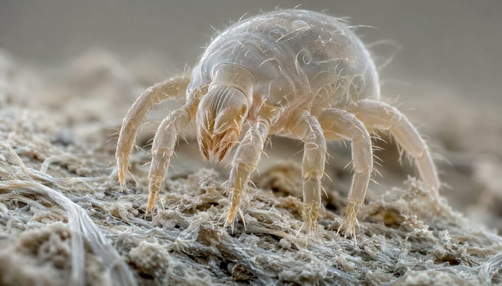 Close-up of microscopic dust mite on fiber