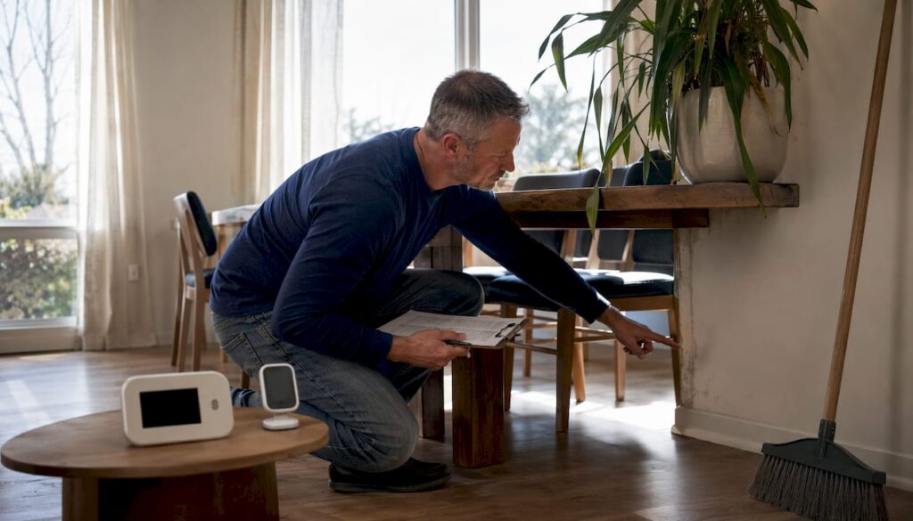 Homeowner inspecting walls for mold in living room