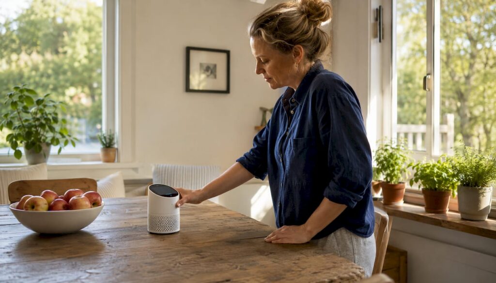 Woman checking air quality monitor in kitchen