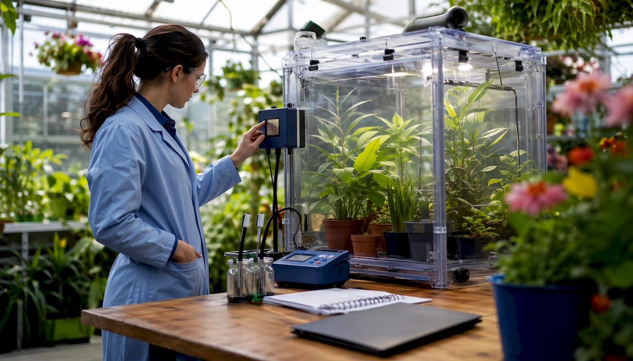 Scientist monitoring plants in sealed chamber