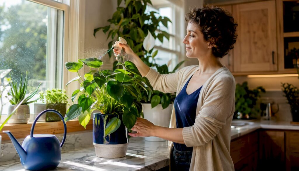 Woman watering indoor plants by window