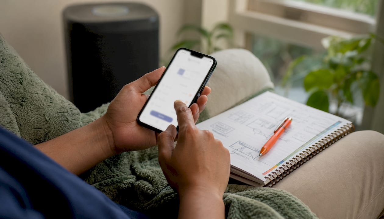 Hands using air purifier room size calculator app