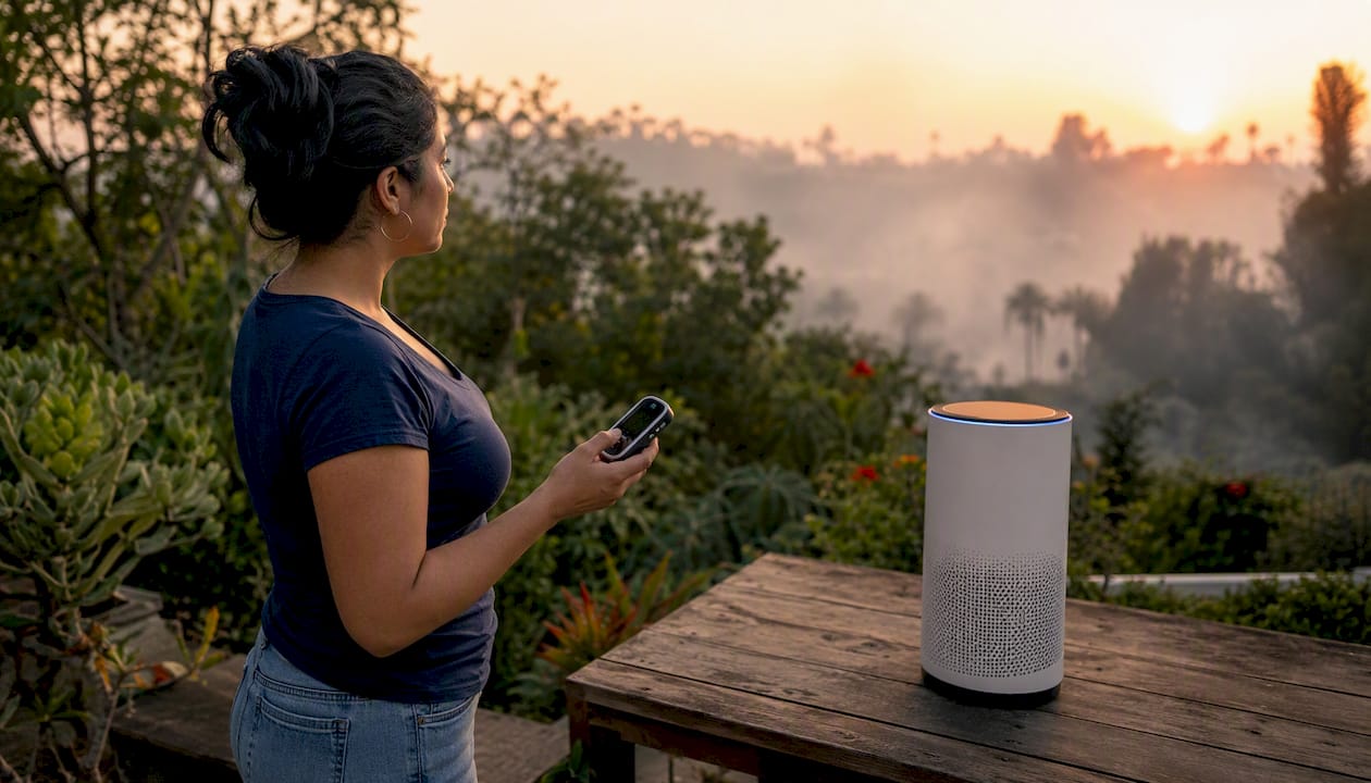 Woman on apartment balcony monitoring air quality