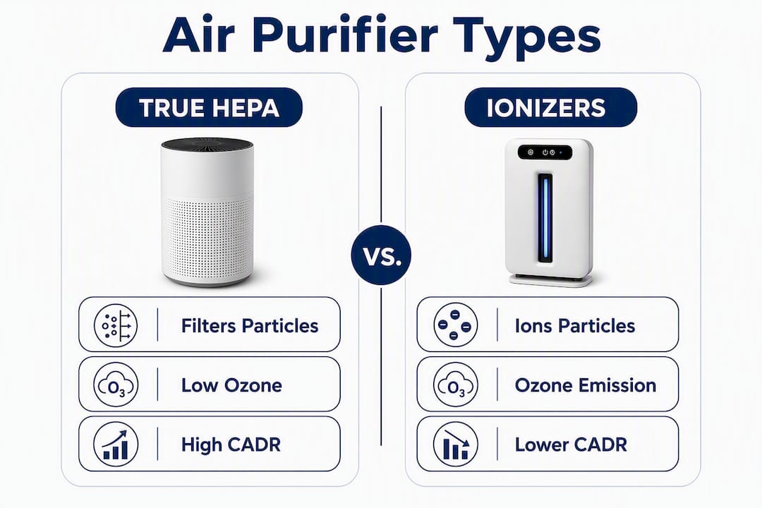 Infographic comparing True HEPA and Ionizer air purifiers