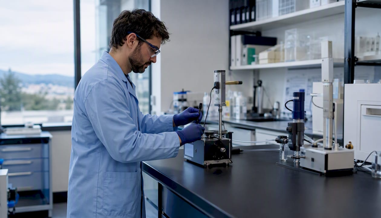 Hands performing lab testing on air purifier