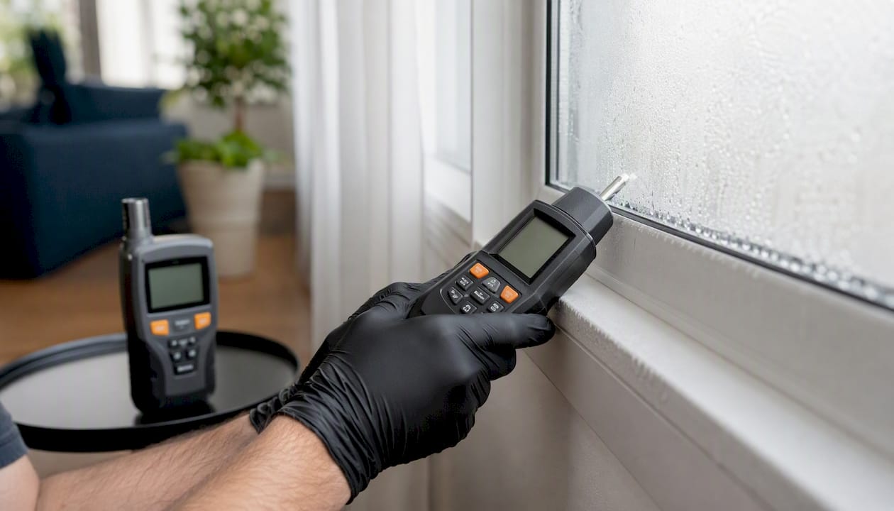 Hands holding thermal camera on moisture wall