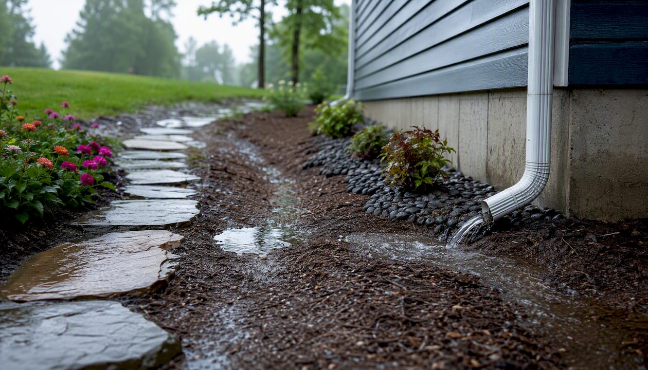 Exterior foundation with proper drainage and gutters