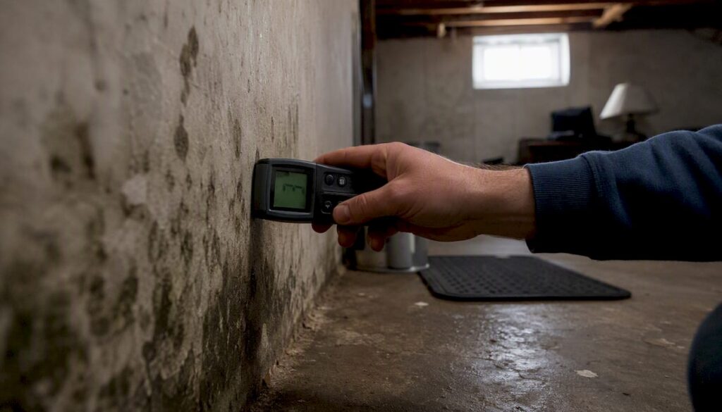 Hand holding moisture meter on basement wall