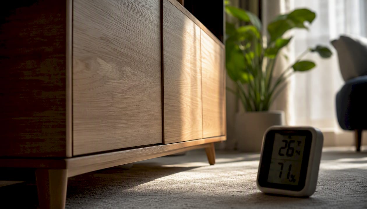 Particleboard cabinet and humidity monitor close-up