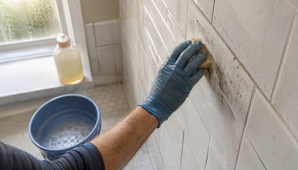Hands scrubbing mold from bathroom tiles