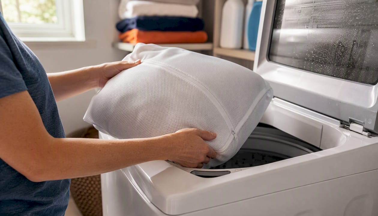 Hands loading allergen-proof bedding into washing machine