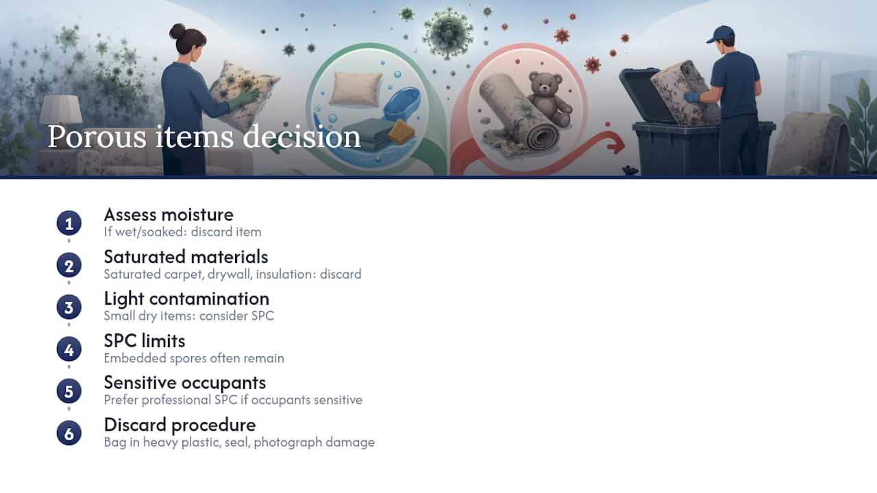 Porous and absorbent materials: discard or try to clean? — overview diagram