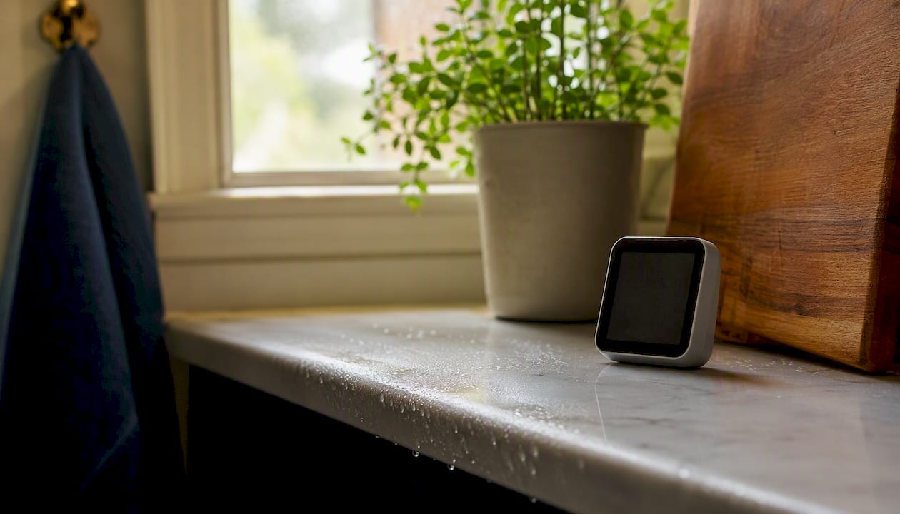 Digital hygrometer monitoring humidity in bathroom