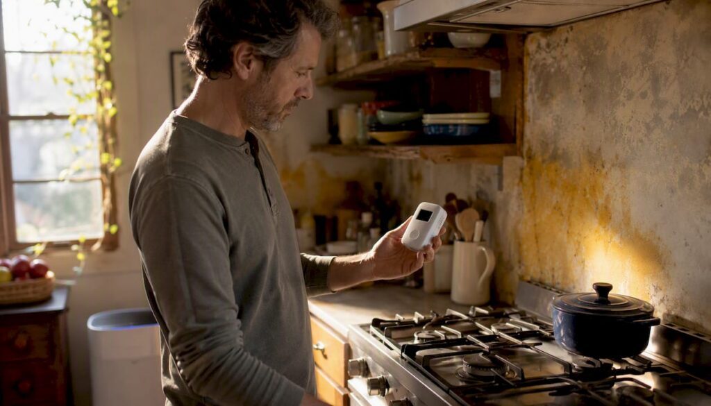 Homeowner testing gas stove area for pollution