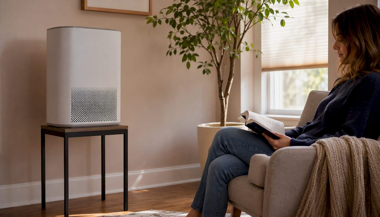 Portable HEPA purifier placed in bedroom corner